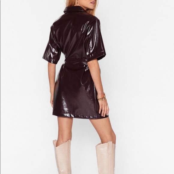 Nasty Gal Brown Vinyl Shirt Dress - Picture 2 of 3